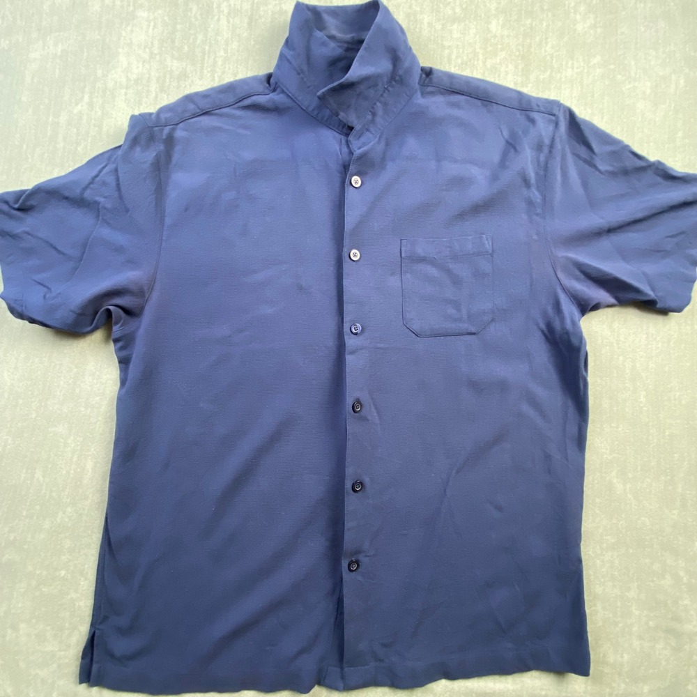 Neiman Marcus Mens Navy Blue 100% Silk Waffle Knit Short Sleeve Shirt Large